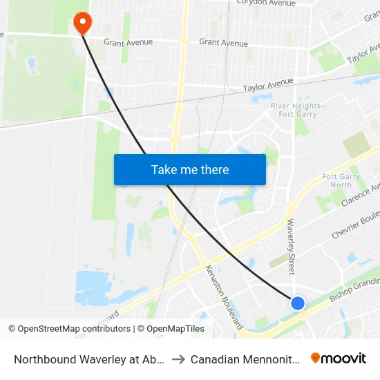 Northbound Waverley at Abinojii Mikanah to Canadian Mennonite University map