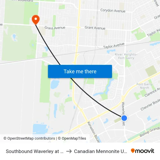 Southbound Waverley at Chevrier to Canadian Mennonite University map