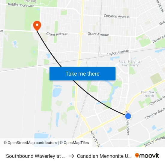 Southbound Waverley at Clarence to Canadian Mennonite University map