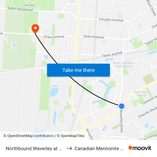 Northbound Waverley at Mcgillivray to Canadian Mennonite University map