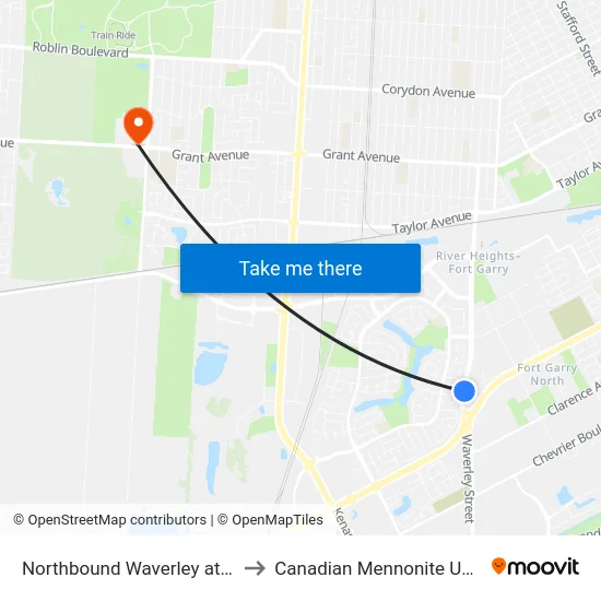 Northbound Waverley at Buffalo to Canadian Mennonite University map