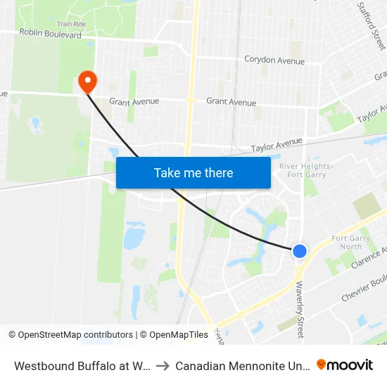 Westbound Buffalo at Waverley to Canadian Mennonite University map