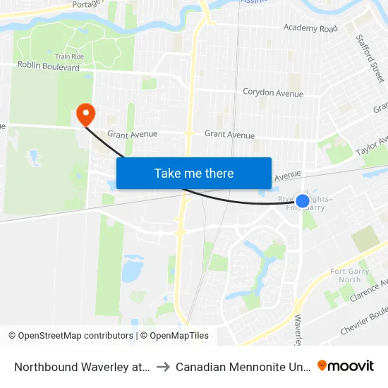 Northbound Waverley at Wilkes to Canadian Mennonite University map