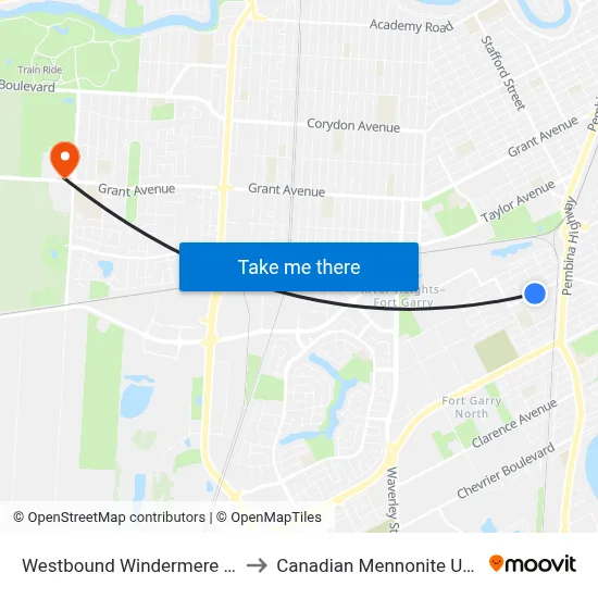 Westbound Windermere at Derek to Canadian Mennonite University map