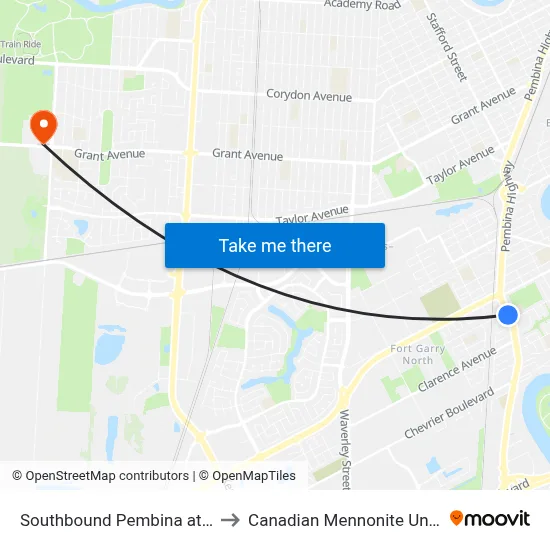 Southbound Pembina at Waller to Canadian Mennonite University map