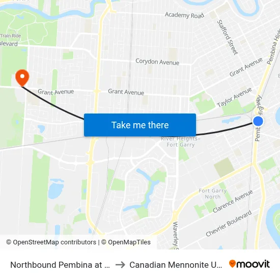 Northbound Pembina at Merriam to Canadian Mennonite University map