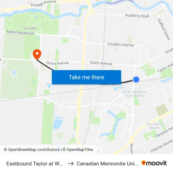 Eastbound Taylor at Waverley to Canadian Mennonite University map