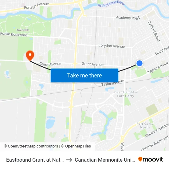 Eastbound Grant at Nathaniel to Canadian Mennonite University map