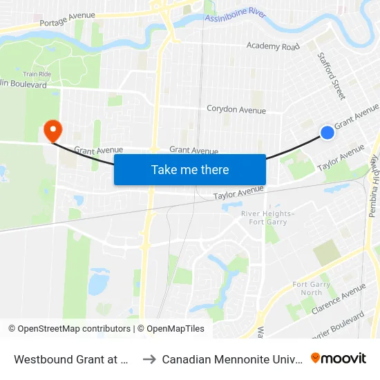 Westbound Grant at Wilton to Canadian Mennonite University map