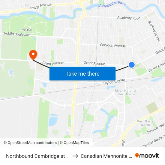 Northbound Cambridge at Grant North to Canadian Mennonite University map