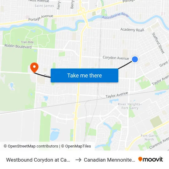Westbound Corydon at Cambridge West to Canadian Mennonite University map