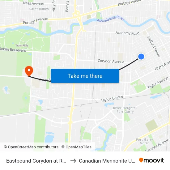 Eastbound Corydon at Rockwood to Canadian Mennonite University map