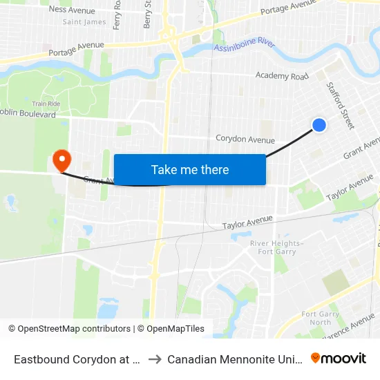 Eastbound Corydon at Wilton to Canadian Mennonite University map