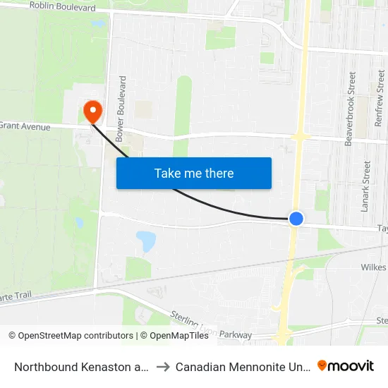 Northbound Kenaston at Taylor to Canadian Mennonite University map