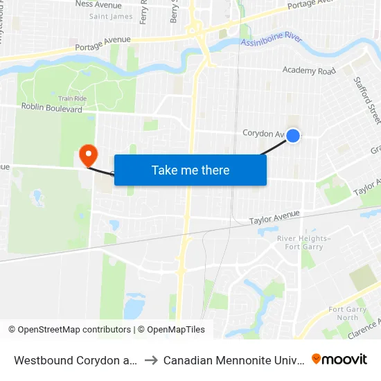 Westbound Corydon at Elm to Canadian Mennonite University map