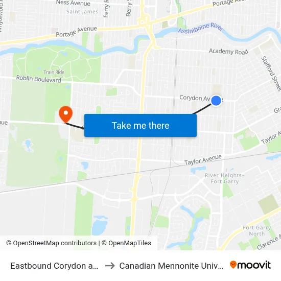 Eastbound Corydon at Elm to Canadian Mennonite University map