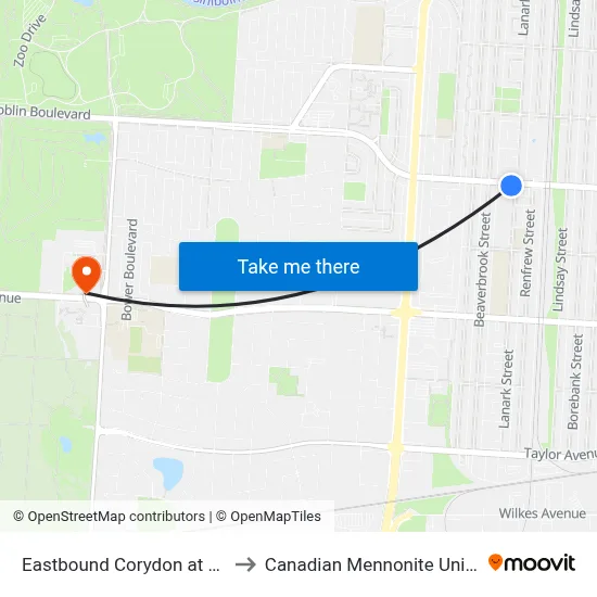 Eastbound Corydon at Lanark to Canadian Mennonite University map