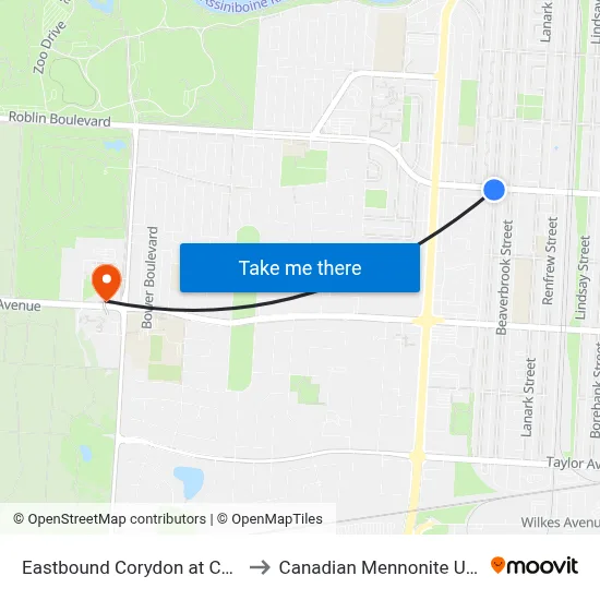Eastbound Corydon at Centennial to Canadian Mennonite University map