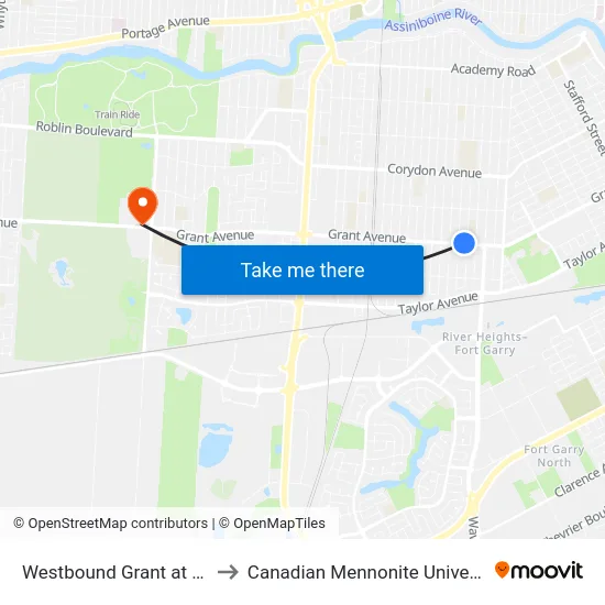 Westbound Grant at Elm to Canadian Mennonite University map