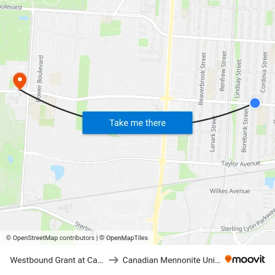 Westbound Grant at Campbell to Canadian Mennonite University map