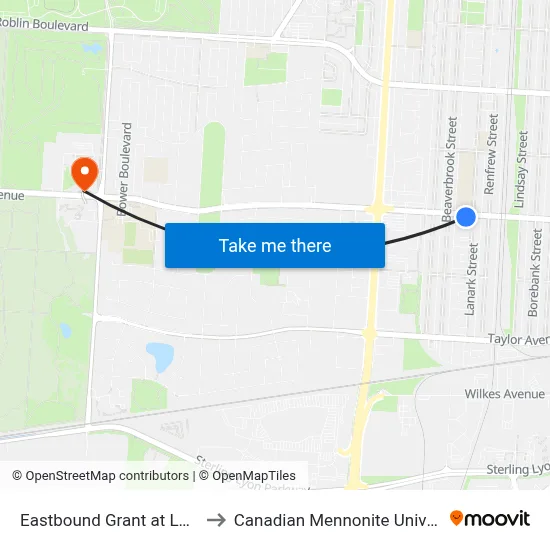 Eastbound Grant at Lanark to Canadian Mennonite University map