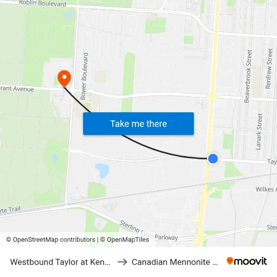 Westbound Taylor at Kenaston East to Canadian Mennonite University map