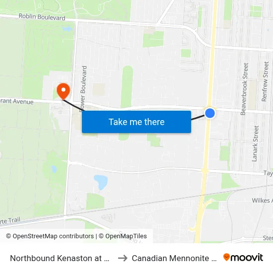 Northbound Kenaston at Grant South to Canadian Mennonite University map