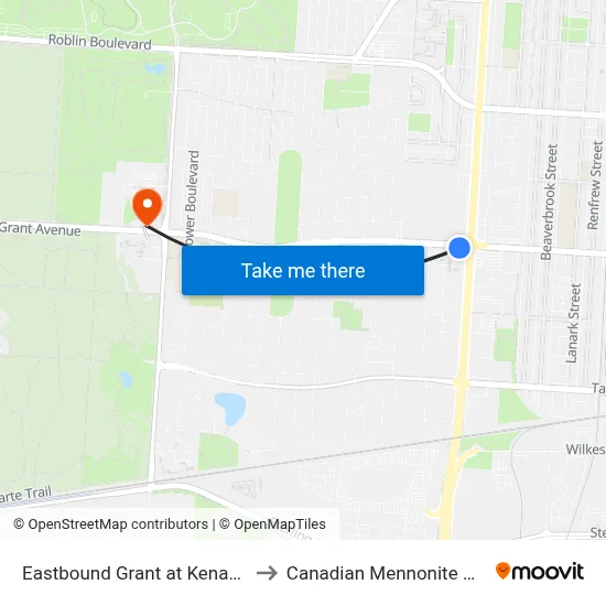 Eastbound Grant at Kenaston West to Canadian Mennonite University map