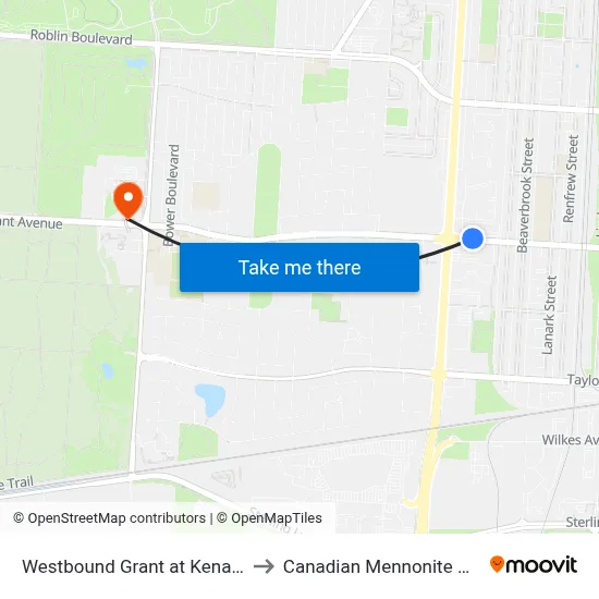 Westbound Grant at Kenaston East to Canadian Mennonite University map
