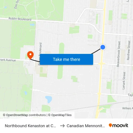 Northbound Kenaston at Carpathia South to Canadian Mennonite University map
