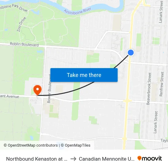 Northbound Kenaston at Lockston to Canadian Mennonite University map