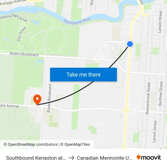 Southbound Kenaston at Tuxedo to Canadian Mennonite University map