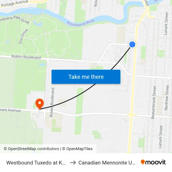 Westbound Tuxedo at Kenaston to Canadian Mennonite University map
