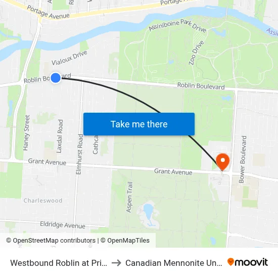 Westbound Roblin at Princeton to Canadian Mennonite University map