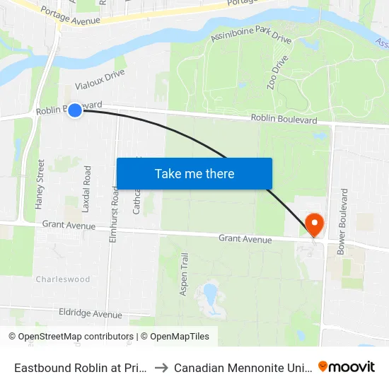 Eastbound Roblin at Princeton to Canadian Mennonite University map