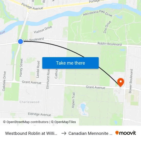 Westbound Roblin at William Clement to Canadian Mennonite University map