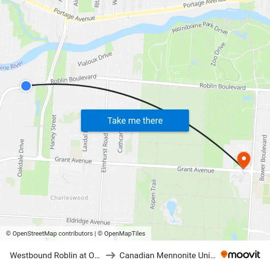 Westbound Roblin at Oakdale to Canadian Mennonite University map