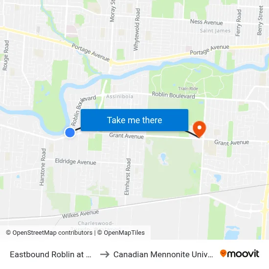Eastbound Roblin at Grant to Canadian Mennonite University map