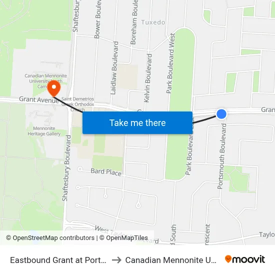 Eastbound Grant at Portsmouth to Canadian Mennonite University map