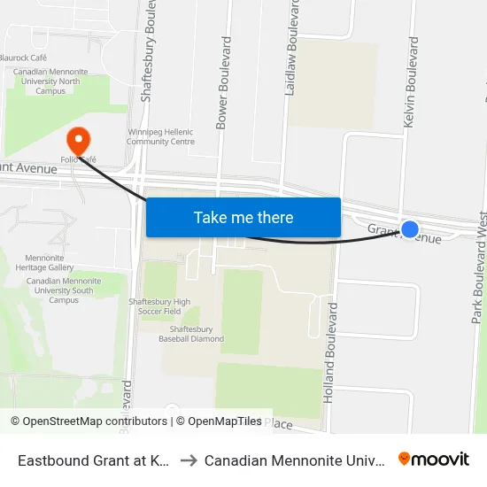 Eastbound Grant at Kelvin to Canadian Mennonite University map