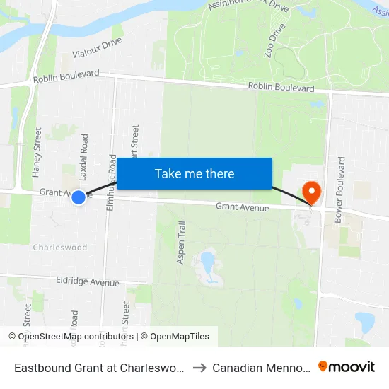 Eastbound Grant at Charleswood Centre (Park & Ride) to Canadian Mennonite University map