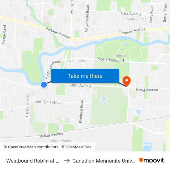 Westbound Roblin at Grant to Canadian Mennonite University map