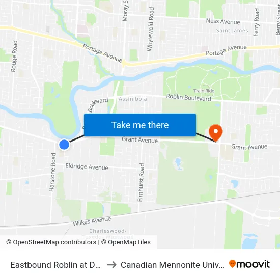 Eastbound Roblin at Dieppe to Canadian Mennonite University map