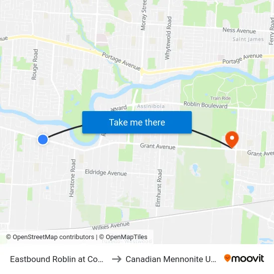 Eastbound Roblin at Community to Canadian Mennonite University map