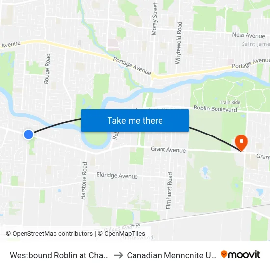 Westbound Roblin at Charleswood to Canadian Mennonite University map