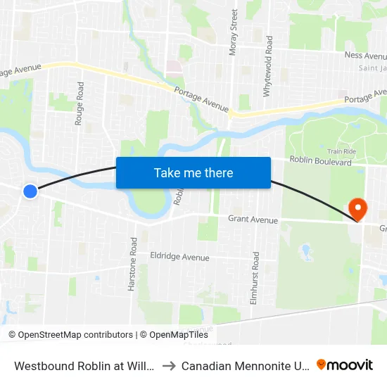 Westbound Roblin at Willow Ridge to Canadian Mennonite University map