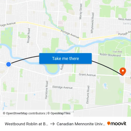 Westbound Roblin at Barker to Canadian Mennonite University map