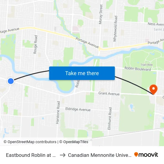 Eastbound Roblin at Dale to Canadian Mennonite University map