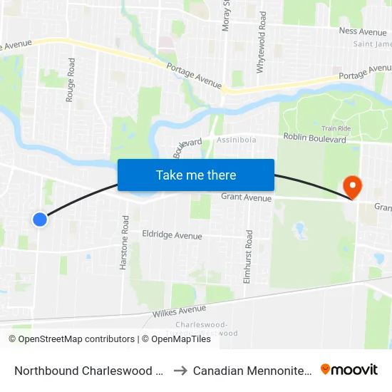 Northbound Charleswood at Betsworth to Canadian Mennonite University map