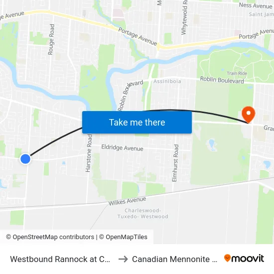 Westbound Rannock at Charleswood to Canadian Mennonite University map